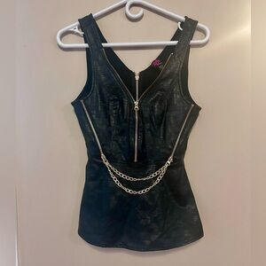 2B Bebe Y2K Black Faux Leather Zip-Up Tank with Gold Chain Accent